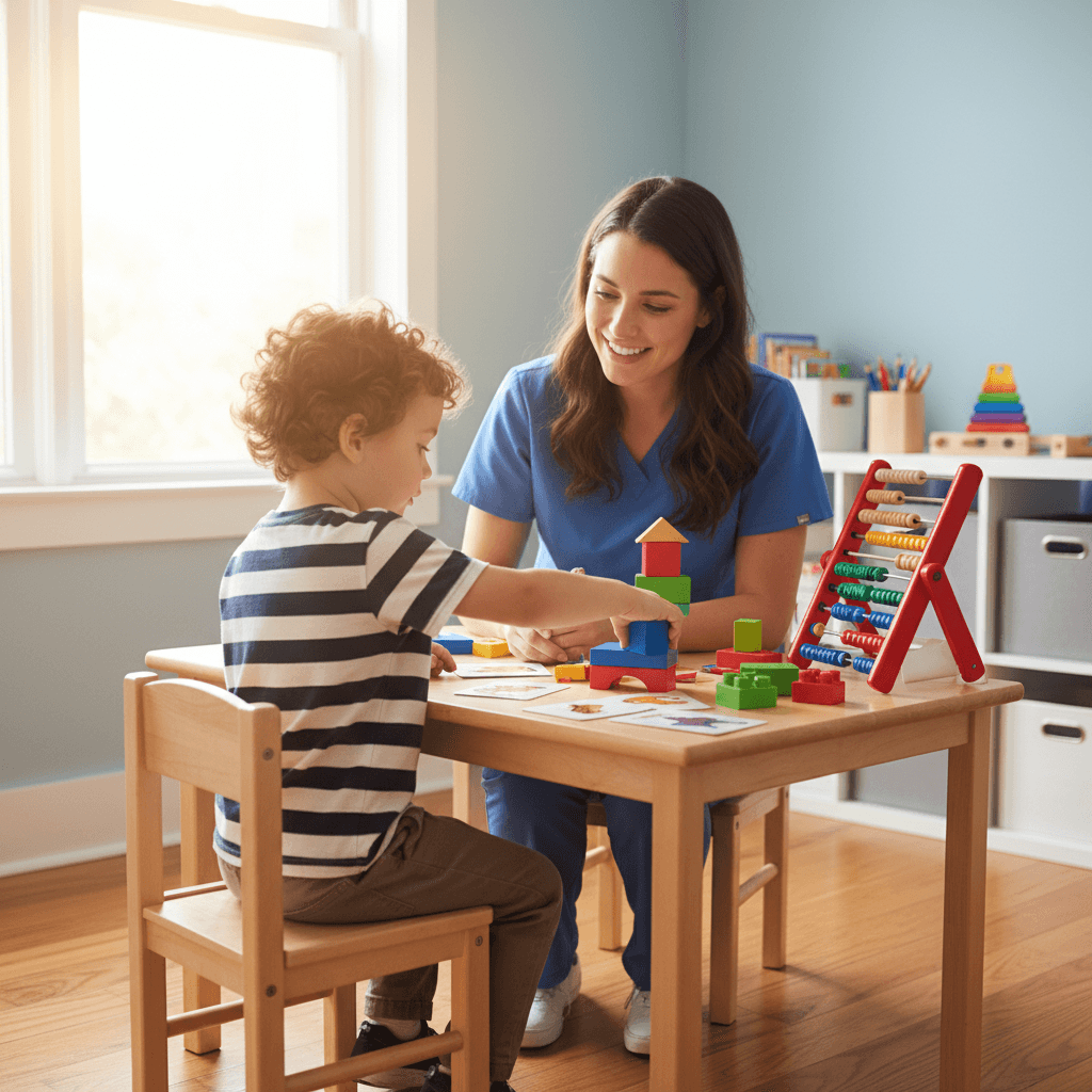 Educator and child focused on a small animal in a sunlit therapy room, creating a nurturing atmosphere.