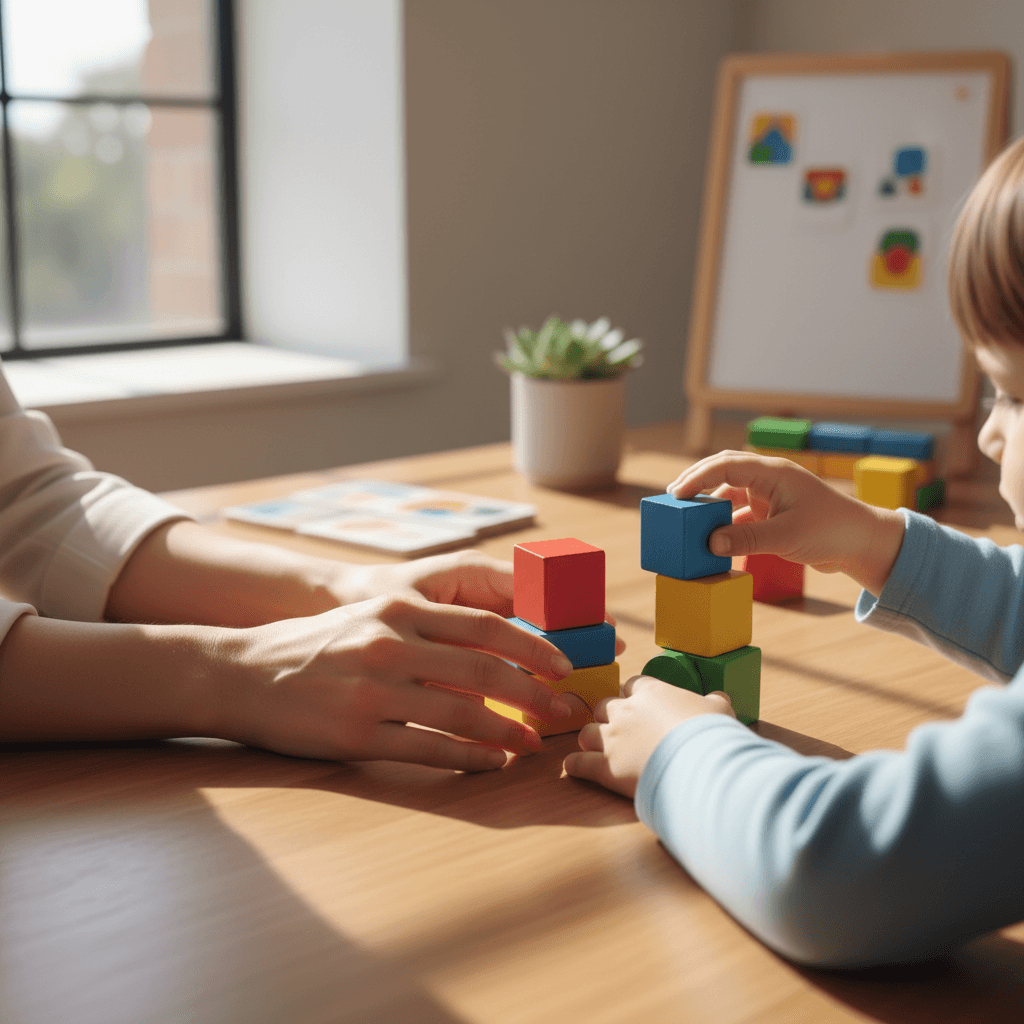 Behavioral therapist working with learning materials