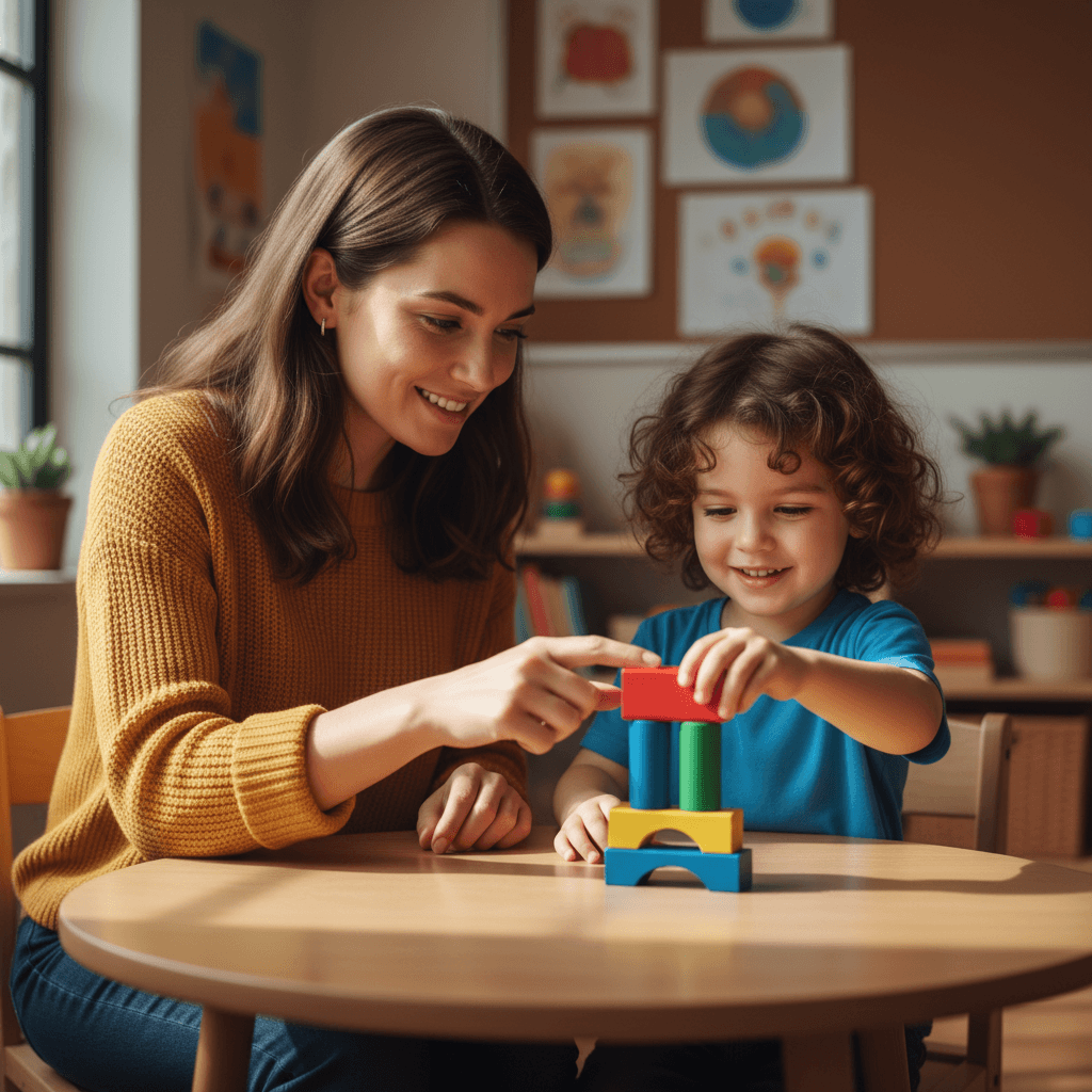 A behavior analyst and a child engaged in a learning activity