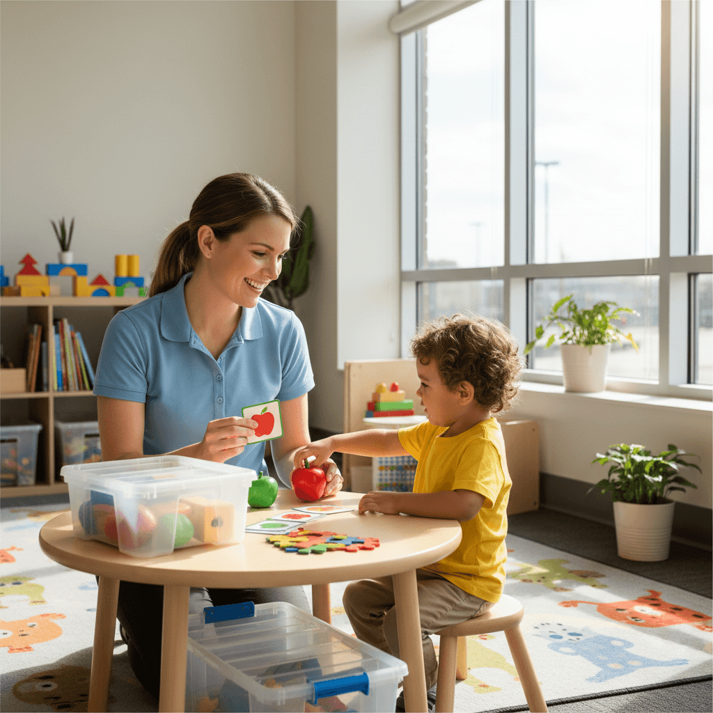 Therapist and child in a bright ABA session, using learning tools in a sunlit room