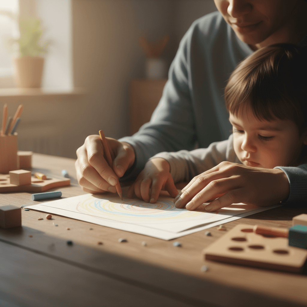 Caregiver's hands gently guiding child through creative learning activity with warm natural light and shallow focus